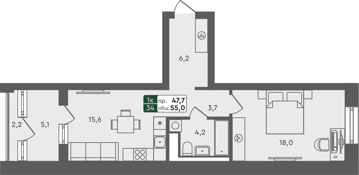 1-комн. квартира, 55 м², 3 из 4 этаж Планировка