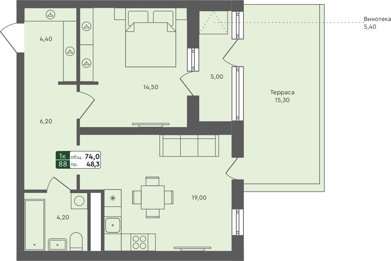 1-комн. квартира, 74 м², 1 из 3 этаж квартира