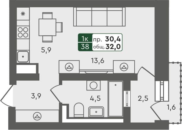 Студия квартира, 32 м², 3 из 4 этаж Планировка
