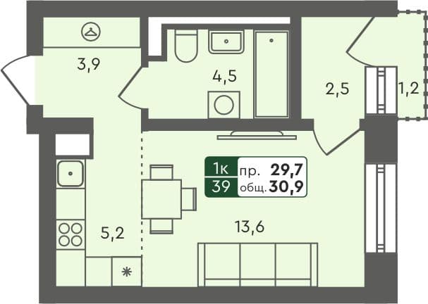 Студия квартира, 30.9 м², 4 из 4 этаж Планировка