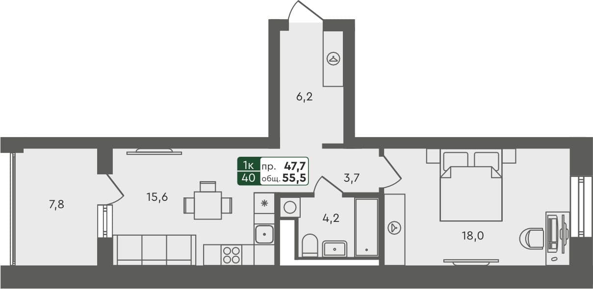 1-комн. квартира, 54.6 м², 4 из 4 этаж Планировка