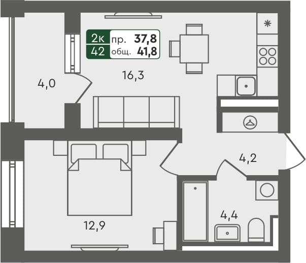 1-комн. квартира, 41.8 м², 4 из 4 этаж Планировка