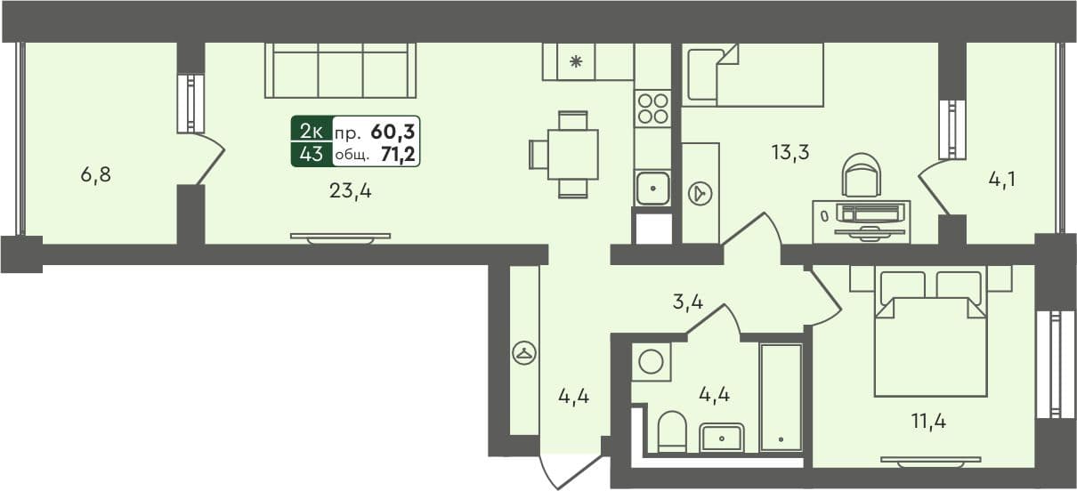2-комн. квартира, 70.8 м², 4 из 4 этаж Планировка