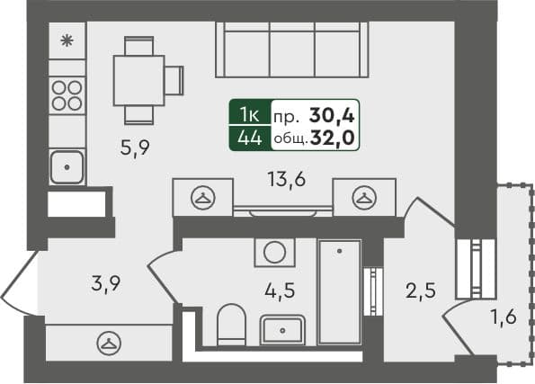 Студия квартира, 32 м², 4 из 4 этаж Планировка