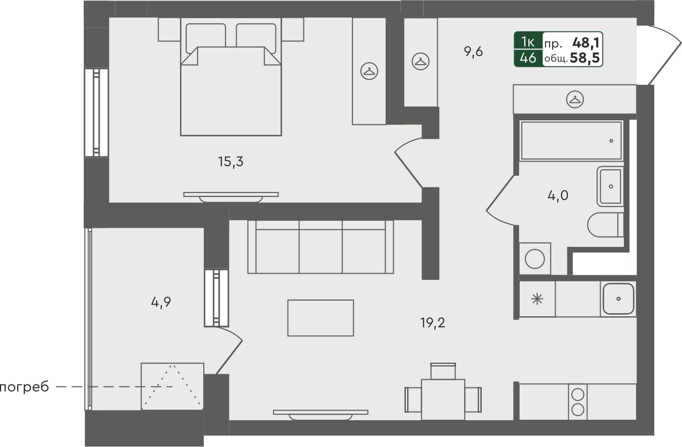 1-комн. квартира, 58.5 м², 1 из 4 этаж квартира