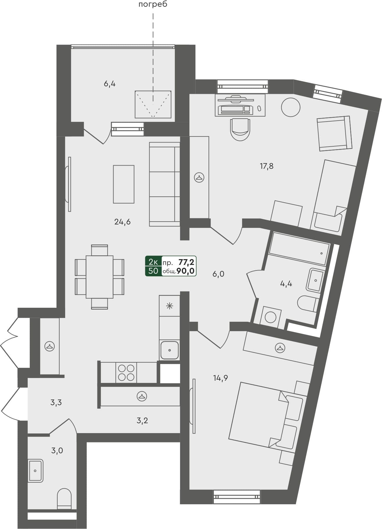 2-комн. квартира, 89.2 м², 1 из 4 этаж квартира