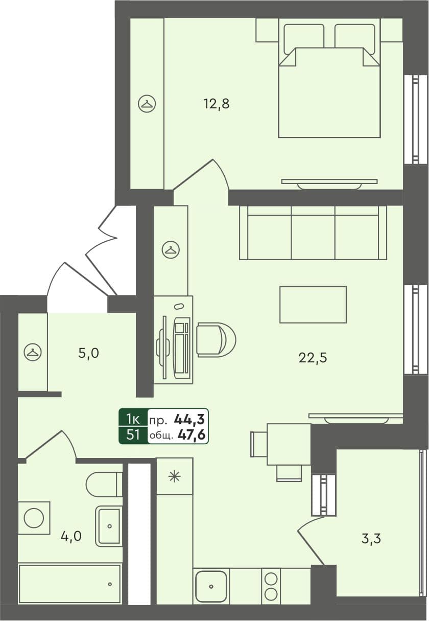 1-комн. квартира, 47.6 м², 2 из 4 этаж Планировка