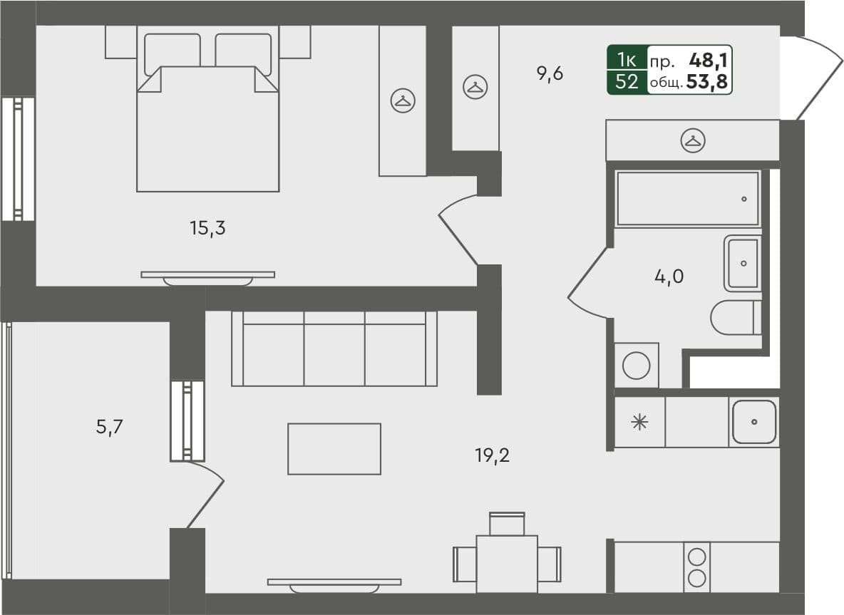 1-комн. квартира, 53.8 м², 2 из 4 этаж квартира