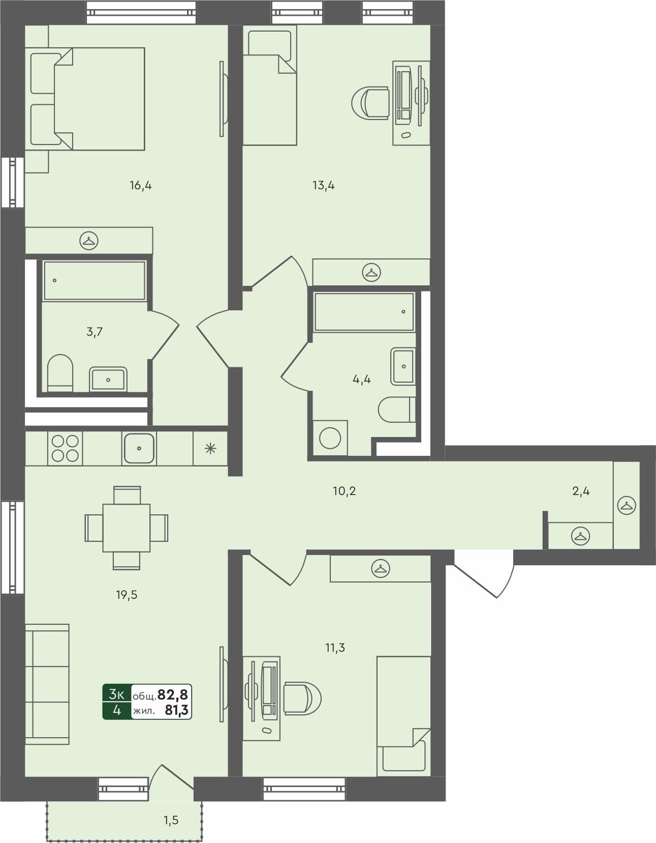 3-комн. квартира, 82.8 м², 2 из 4 этаж квартира