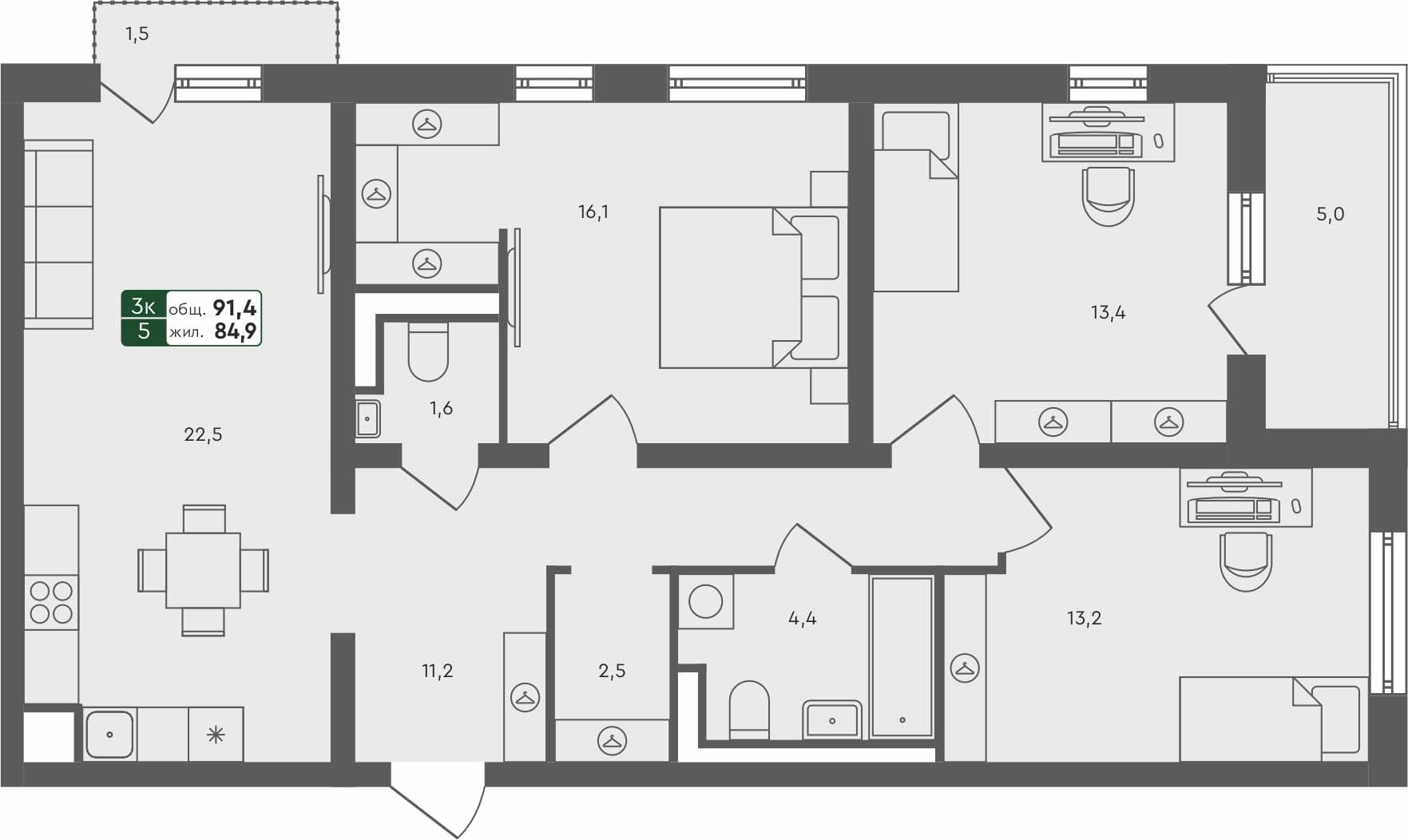 3-комн. квартира, 91.4 м², 2 из 4 этаж квартира