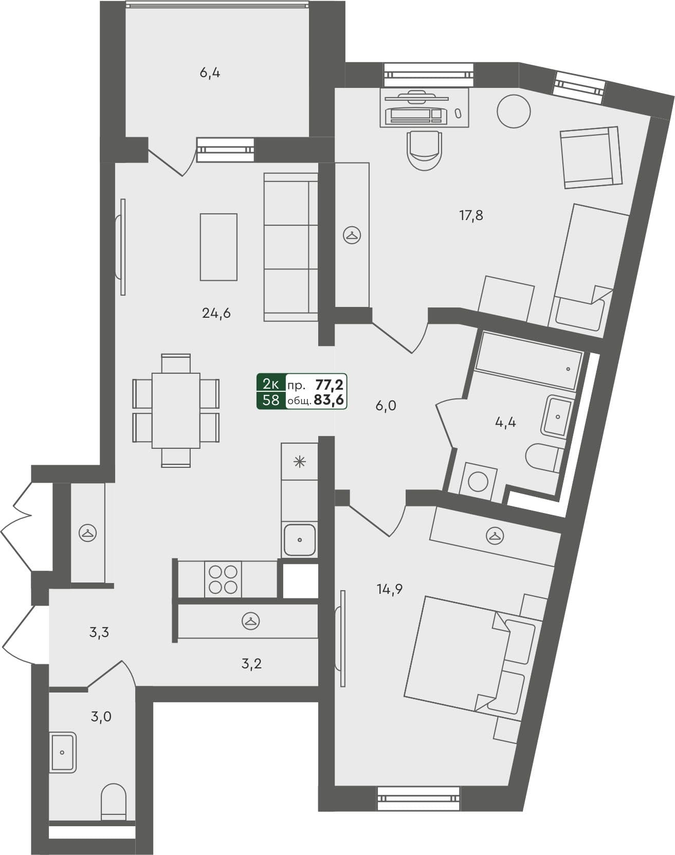 2-комн. квартира, 83.6 м², 2 из 4 этаж Планировка