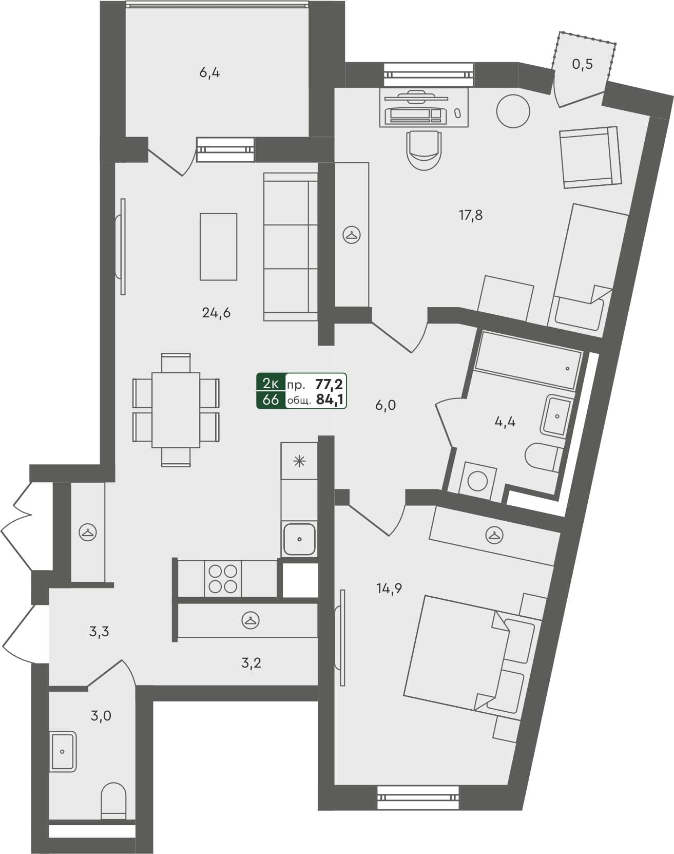 2-комн. квартира, 84.1 м², 3 из 4 этаж Планировка