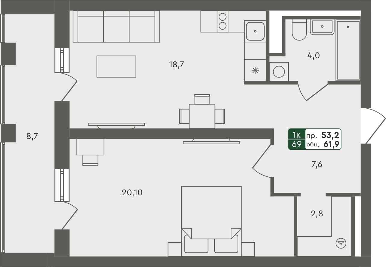 1-комн. квартира, 61.9 м², 4 из 4 этаж квартира