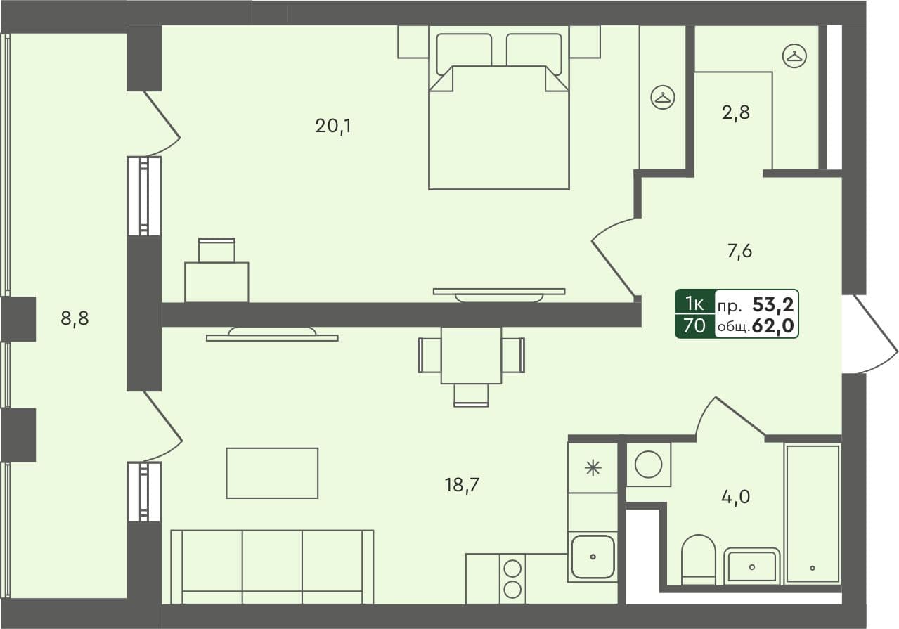 1-комн. квартира, 62 м², 4 из 4 этаж квартира