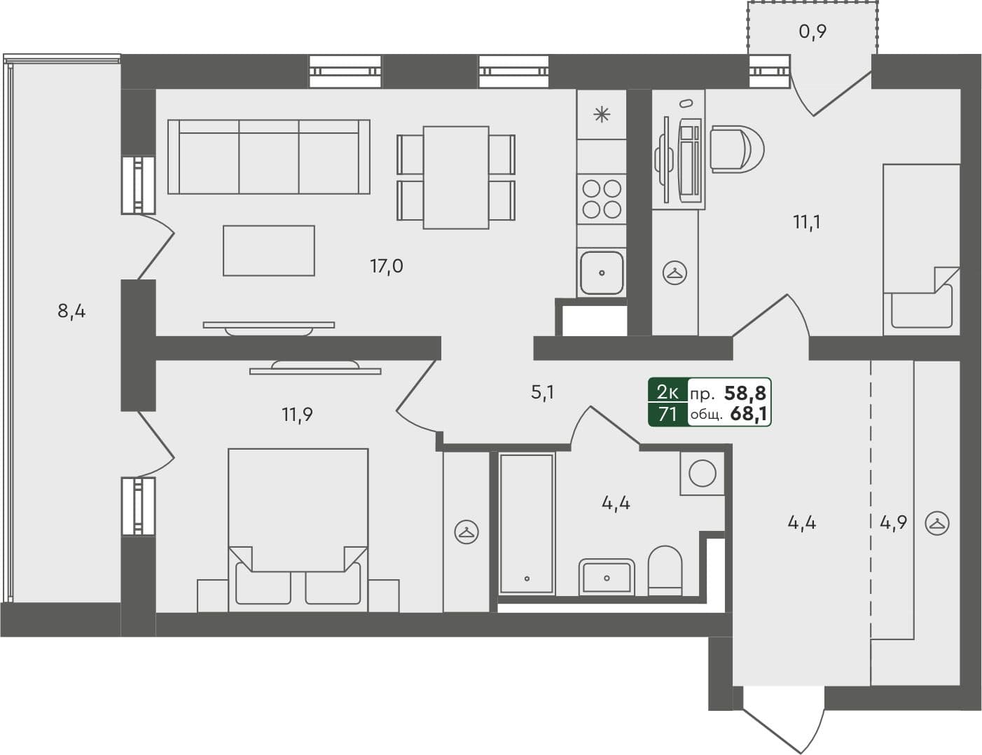 2-комн. квартира, 66.7 м², 4 из 4 этаж Планировка