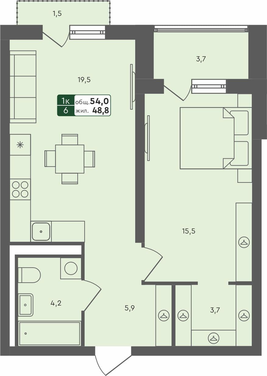 1-комн. квартира, 54 м², 2 из 4 этаж квартира