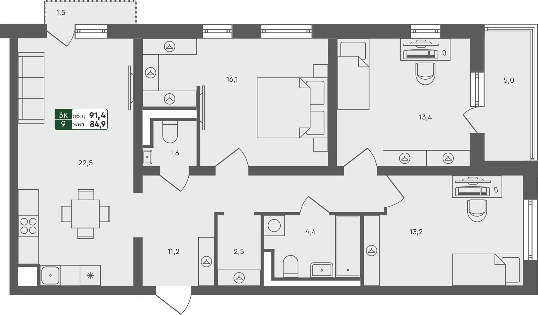 3-комн. квартира, 91.4 м², 3 из 4 этаж квартира