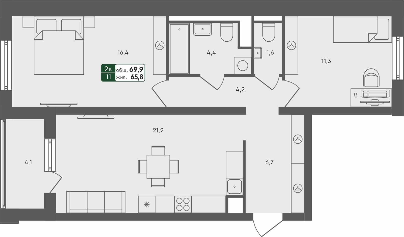 2-комн. квартира, 69.9 м², 3 из 4 этаж квартира