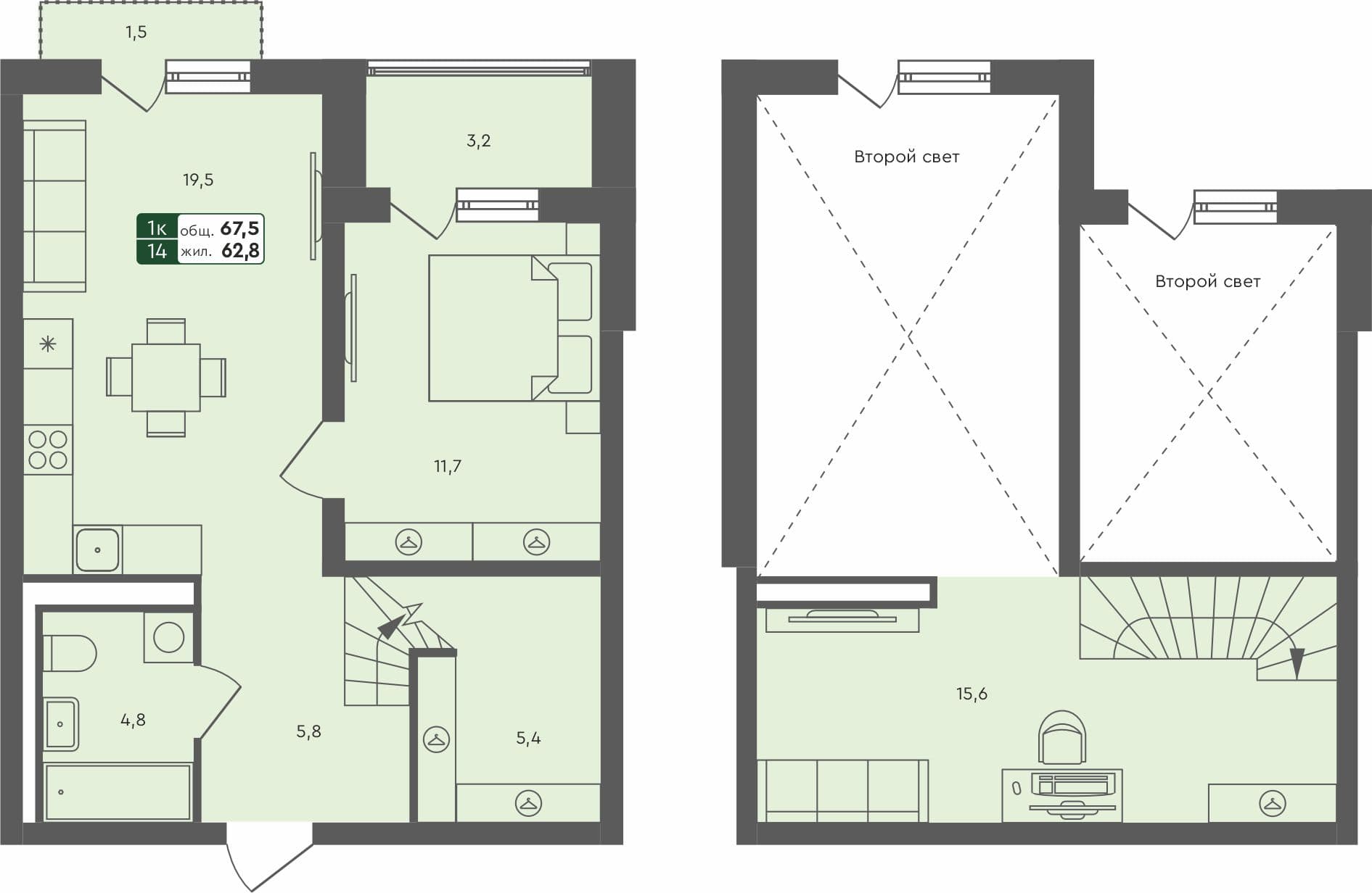 1-комн. квартира, 67.5 м², 4 из 4 этаж квартира