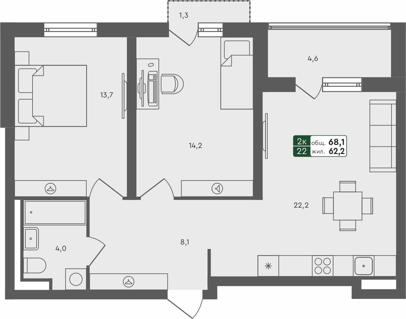 2-комн. квартира, 68.1 м², 2 из 4 этаж Планировка