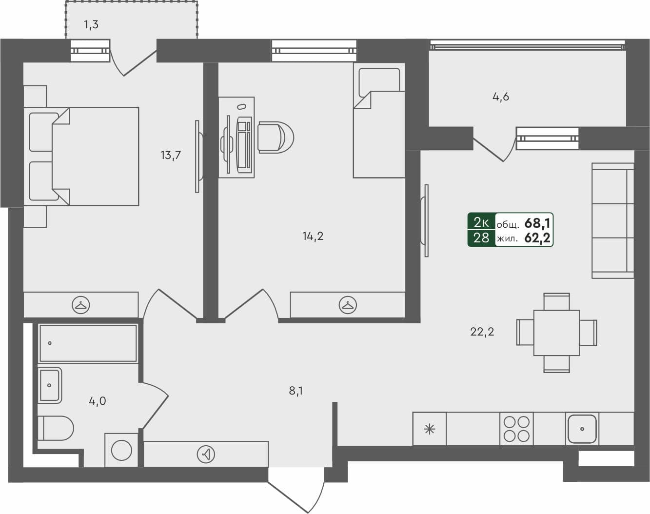 2-комн. квартира, 68.1 м², 3 из 4 этаж квартира