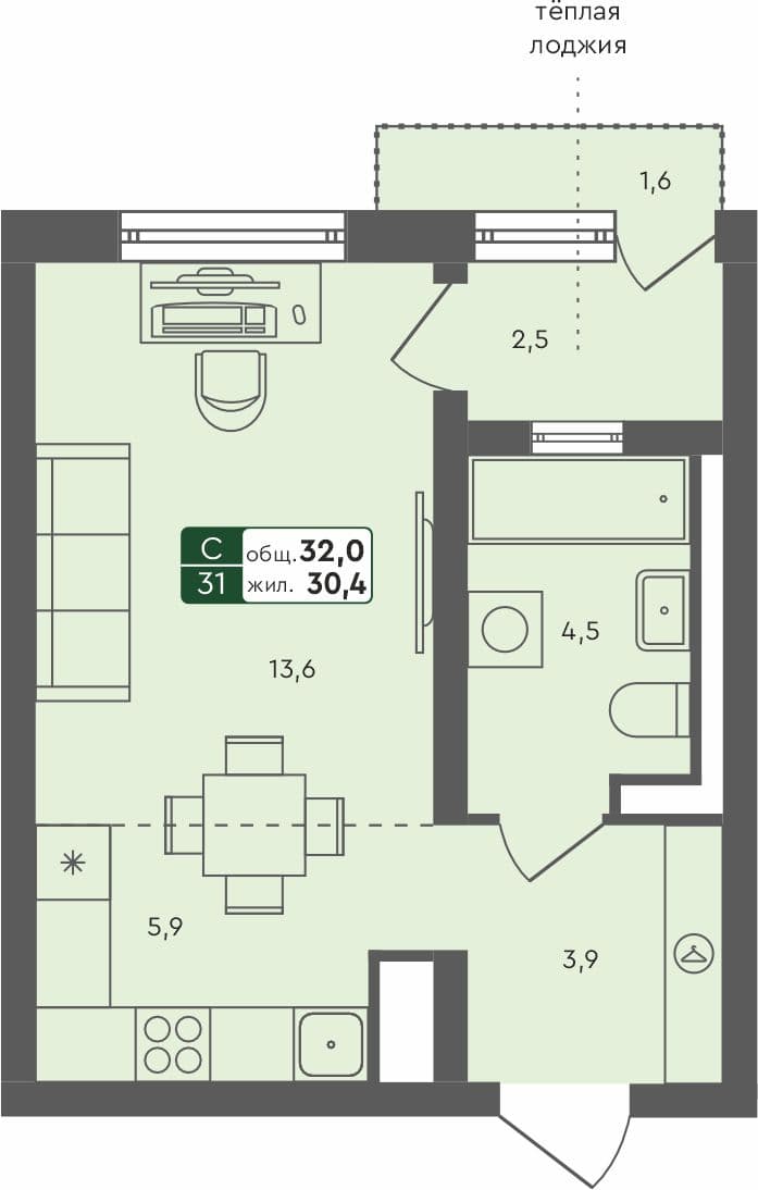 Студия квартира, 32 м², 3 из 4 этаж квартира