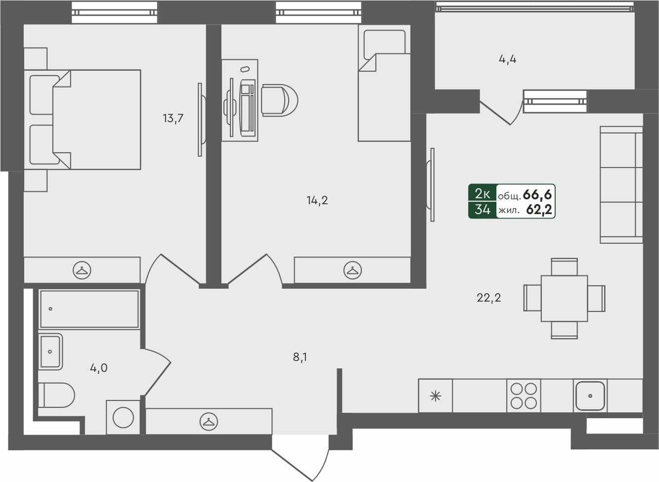 2-комн. квартира, 66.6 м², 4 из 4 этаж квартира