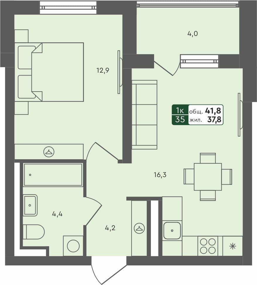 1-комн. квартира, 41.8 м², 4 из 4 этаж Планировка