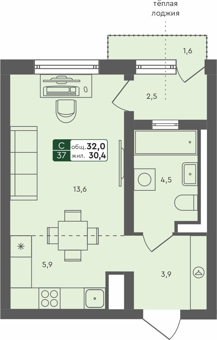 Студия квартира, 32 м², 4 из 4 этаж квартира