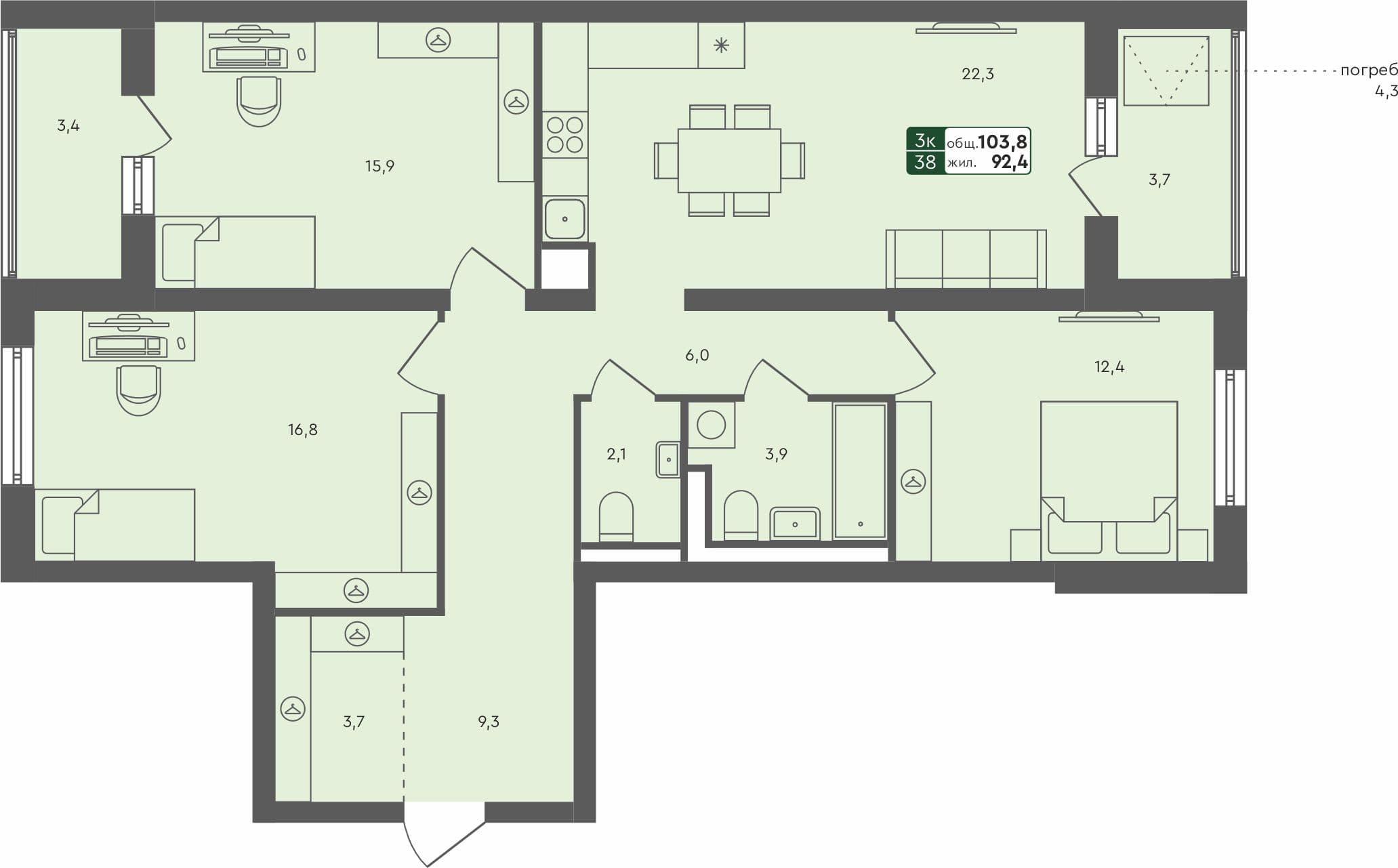 3-комн. квартира, 103.8 м², 1 из 4 этаж квартира