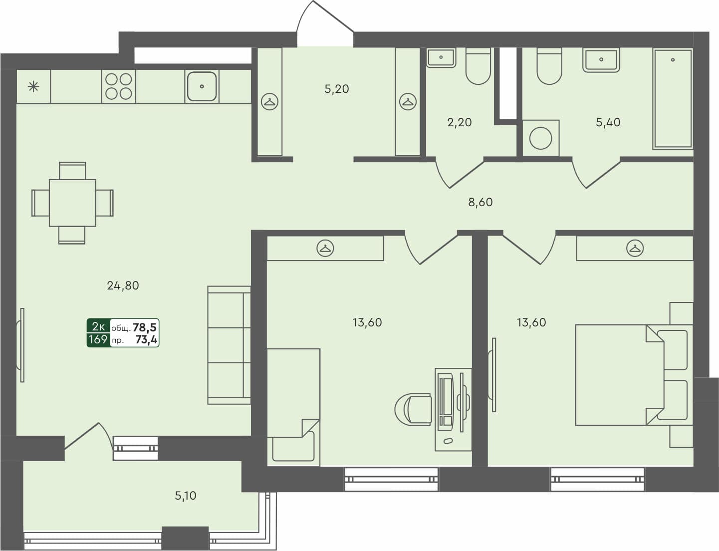 2-комн. квартира, 78.5 м², 4 из 5 этаж квартира