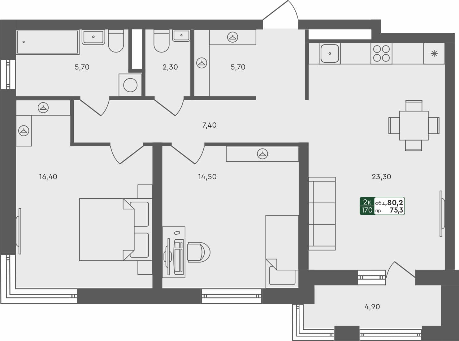 2-комн. квартира, 80.2 м², 4 из 5 этаж квартира
