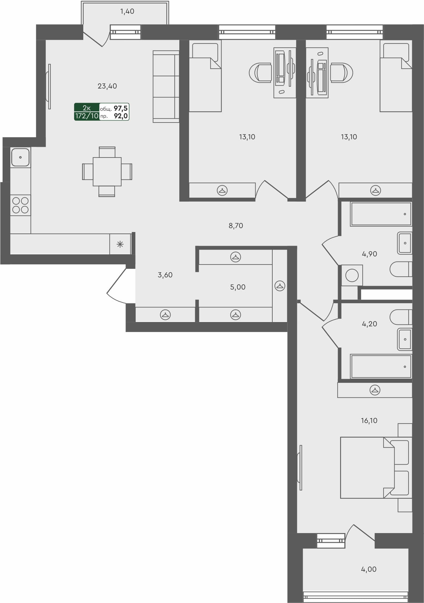 3-комн. квартира, 97.4 м², 5 из 5 этаж квартира