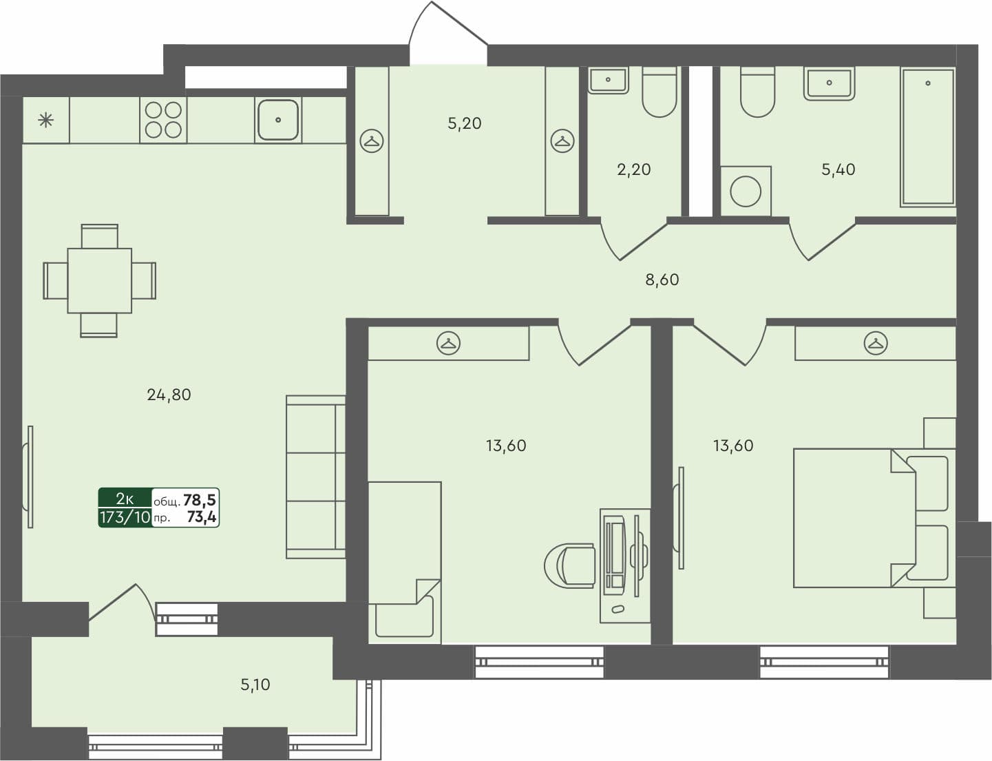 2-комн. квартира, 78.5 м², 5 из 5 этаж квартира