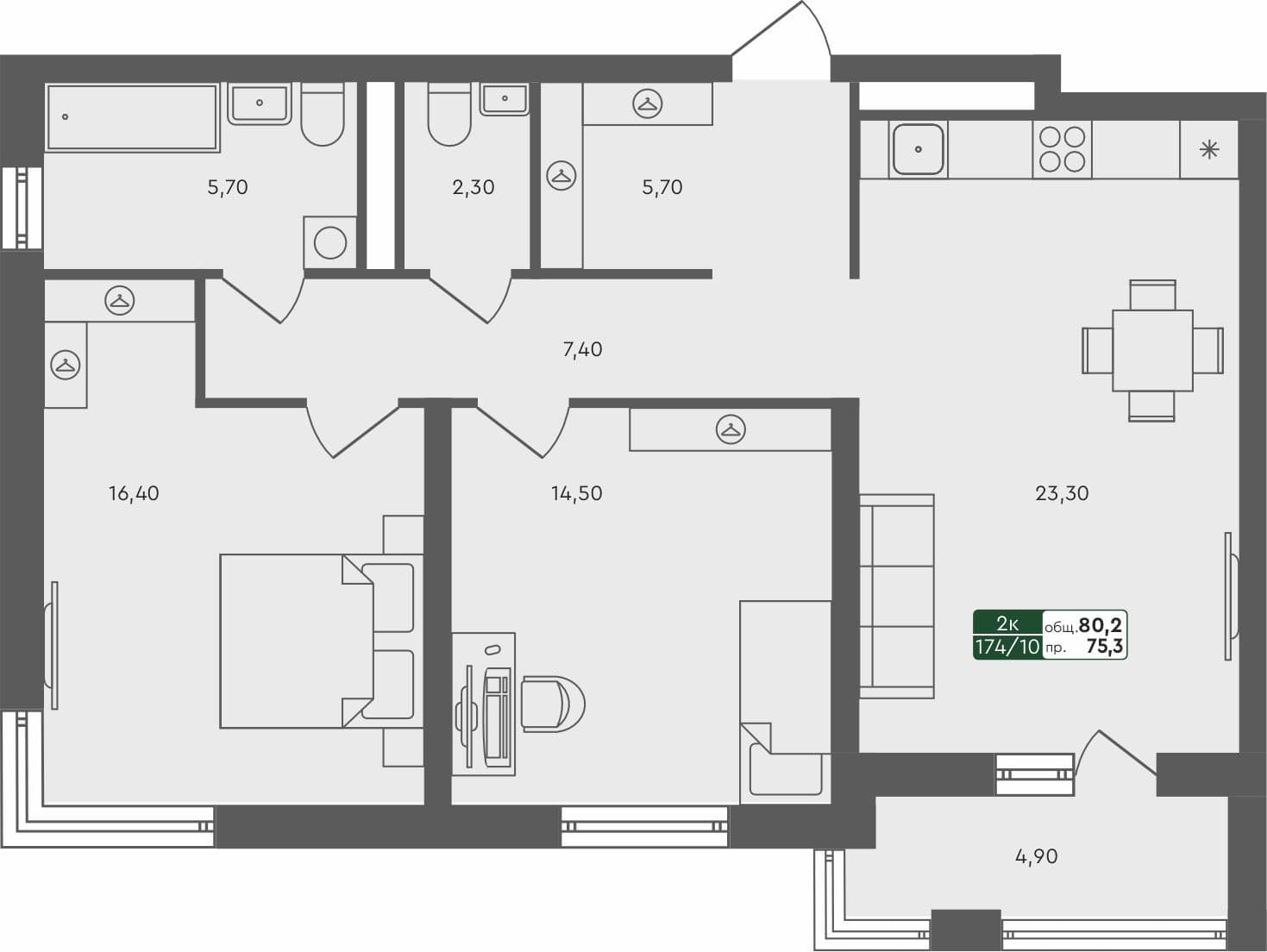 2-комн. квартира, 80.2 м², 5 из 5 этаж квартира