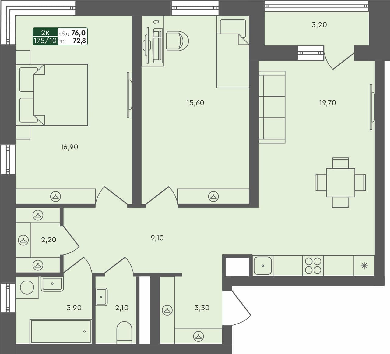 2-комн. квартира, 76 м², 5 из 5 этаж квартира