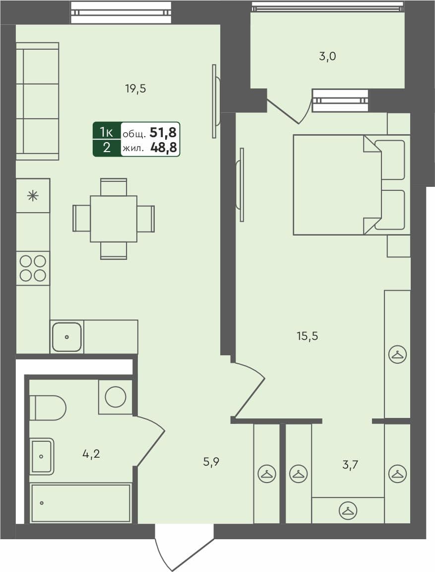 1-комн. квартира, 51.8 м², 1 из 4 этаж квартира