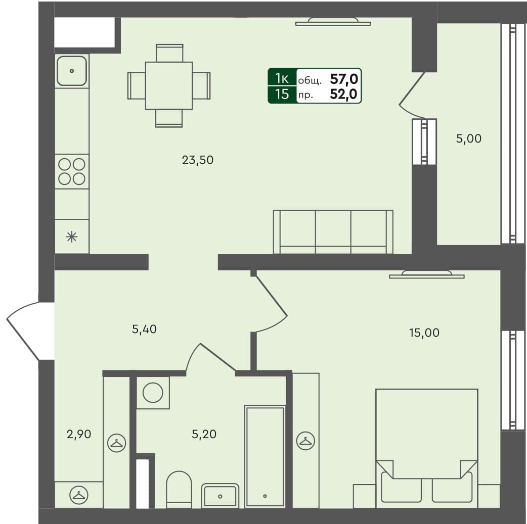 1-комн. квартира, 57 м², 4 из 5 этаж Планировка