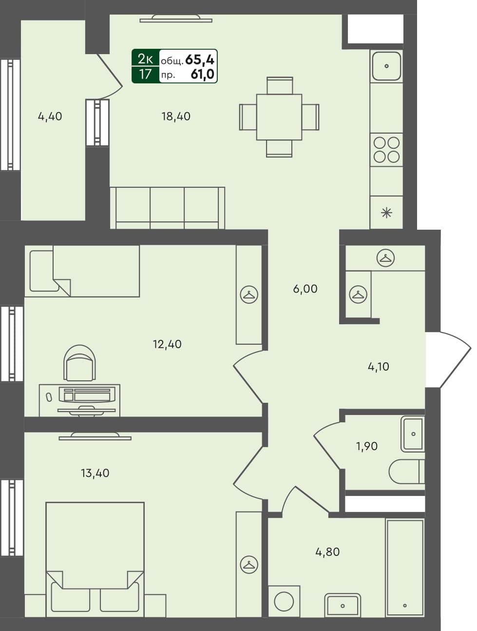 2-комн. квартира, 65.4 м², 4 из 5 этаж квартира