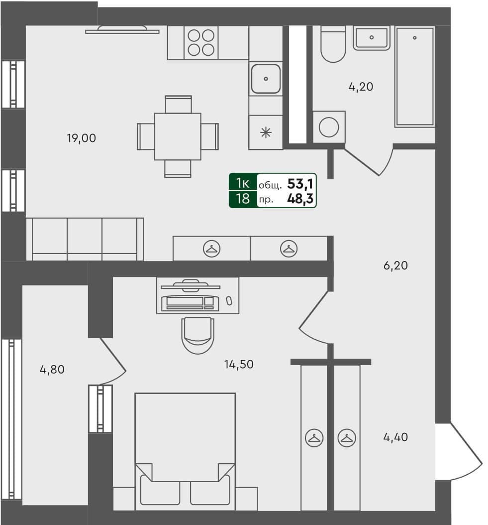 1-комн. квартира, 53.1 м², 4 из 5 этаж квартира
