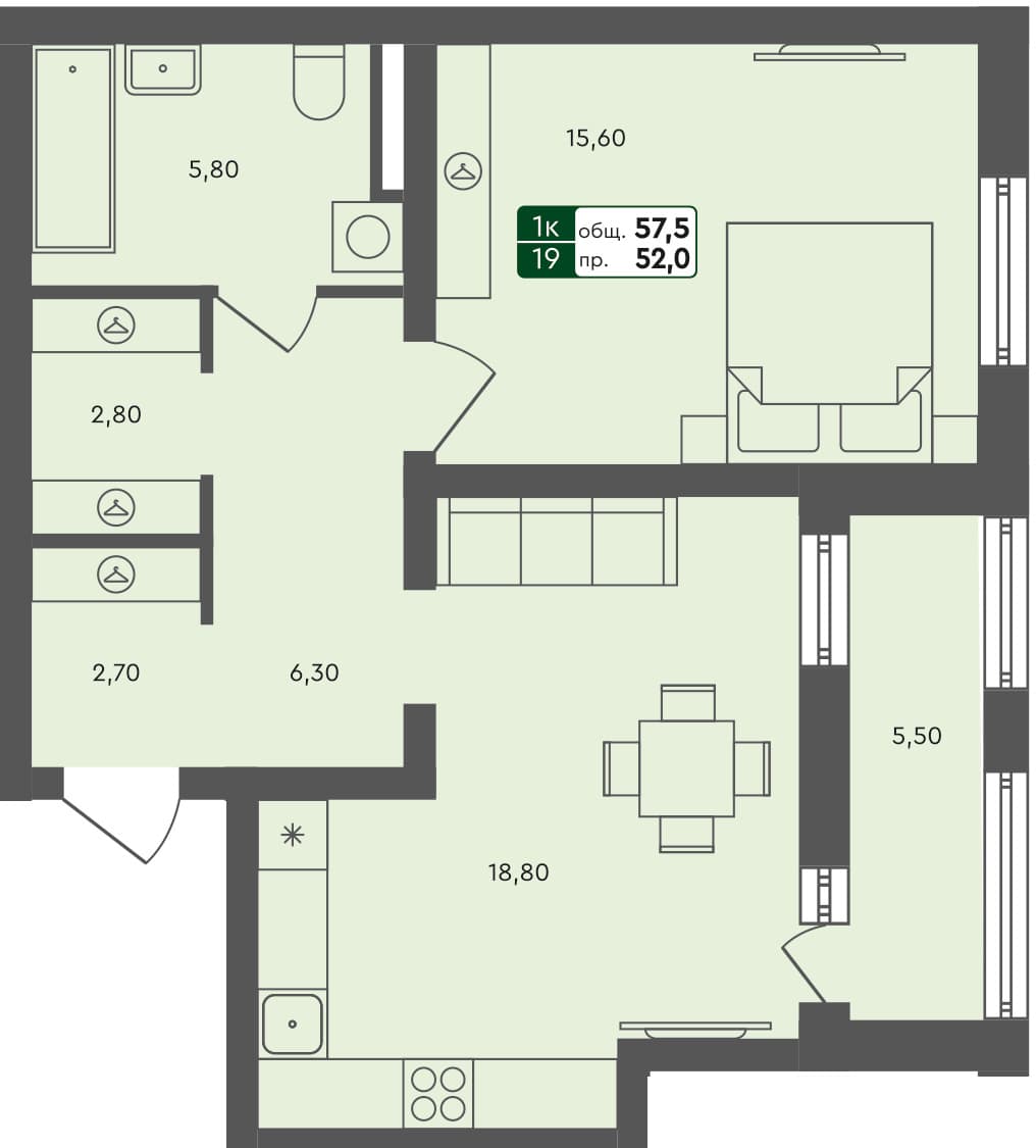 1-комн. квартира, 57.5 м², 4 из 5 этаж квартира