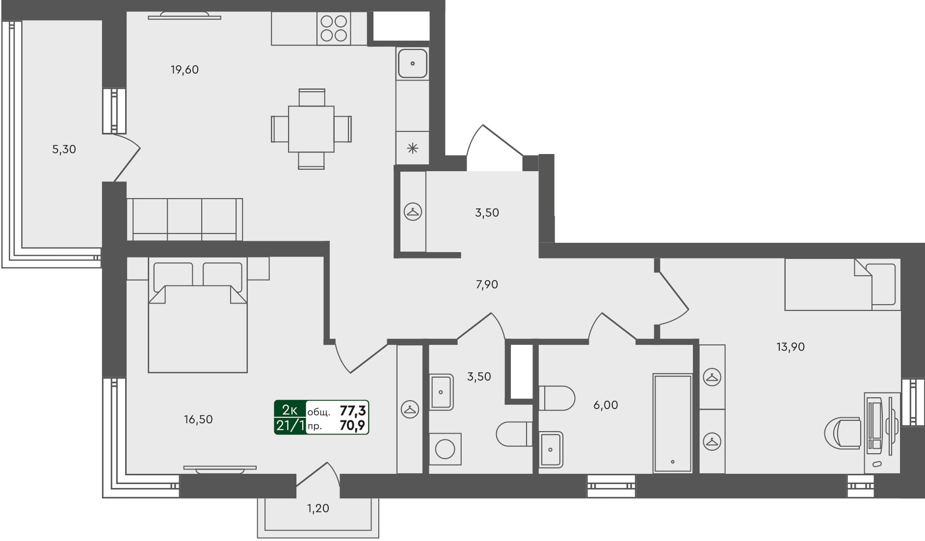 2-комн. квартира, 77.3 м², 5 из 5 этаж Планировка