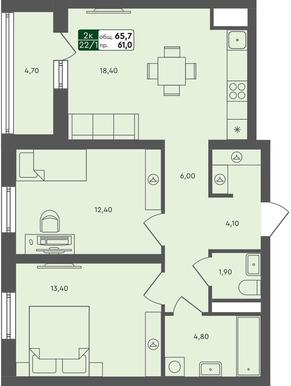 2-комн. квартира, 65.7 м², 5 из 5 этаж квартира
