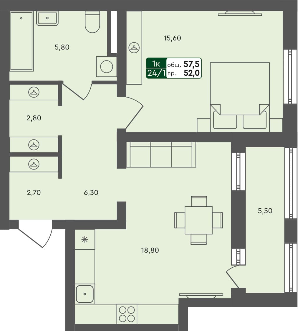 1-комн. квартира, 57.5 м², 5 из 5 этаж квартира