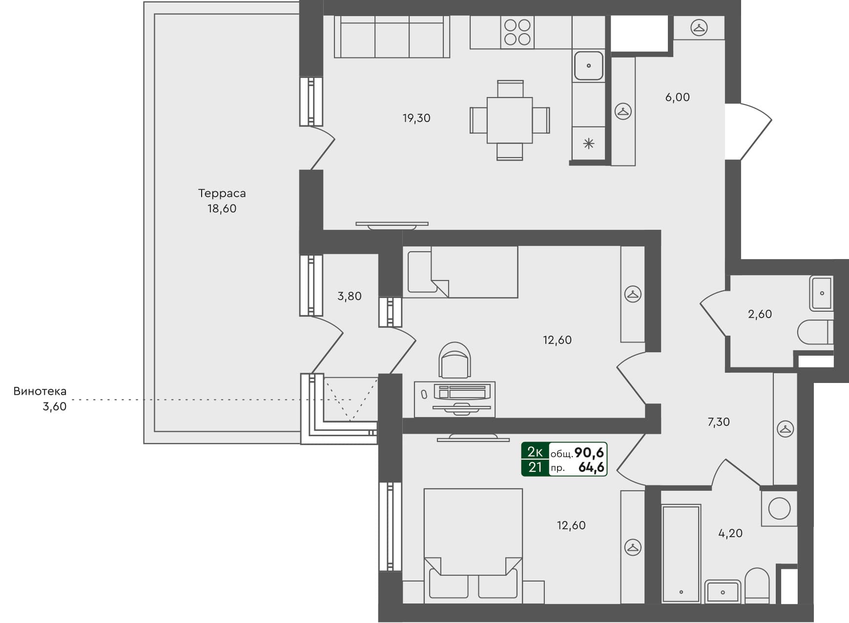 2-комн. квартира, 90.6 м², 1 из 3 этаж Планировка