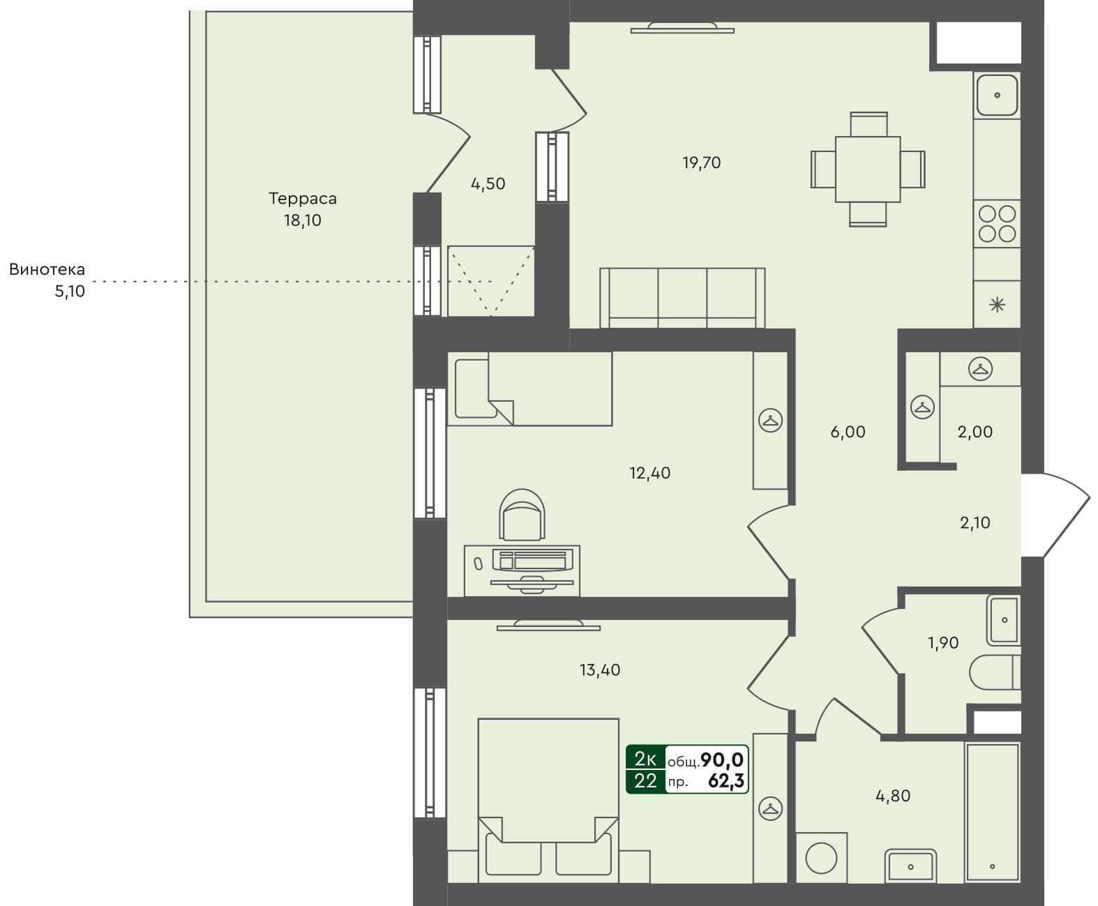 2-комн. квартира, 90 м², 1 из 3 этаж Планировка