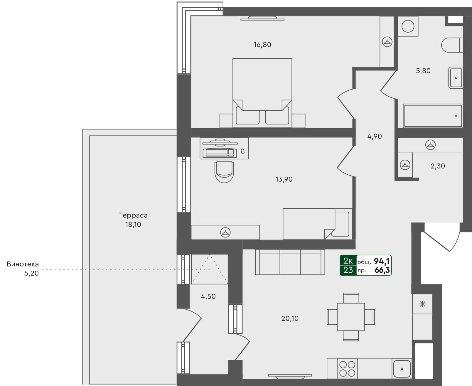 2-комн. квартира, 94.1 м², 1 из 3 этаж Планировка