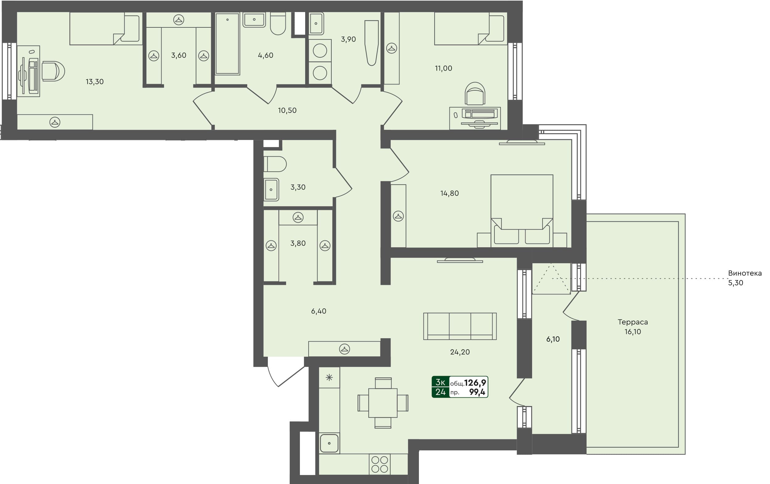 3-комн. квартира, 126.9 м², 1 из 6 этаж Планировка