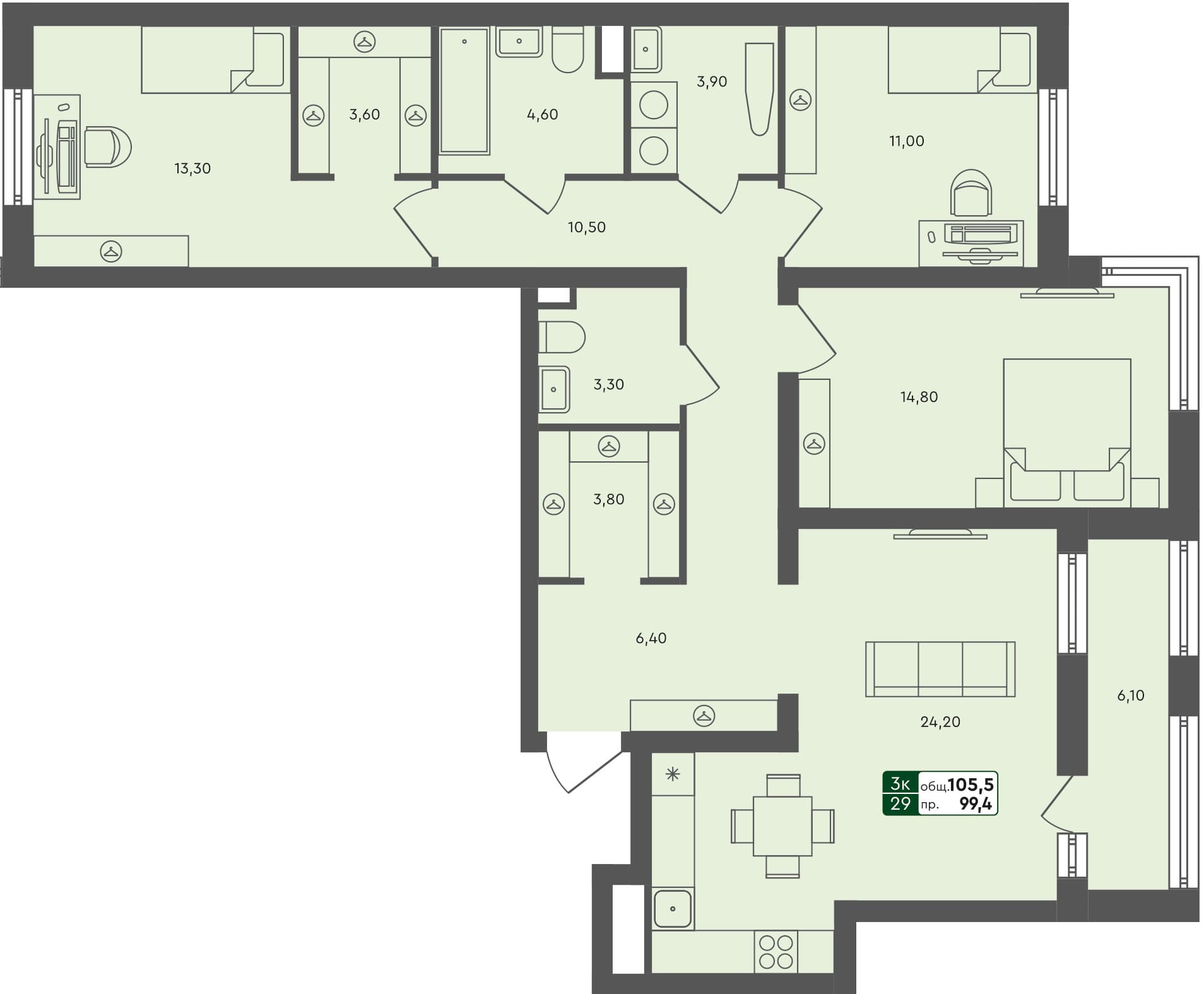3-комн. квартира, 105.5 м², 2 из 6 этаж квартира