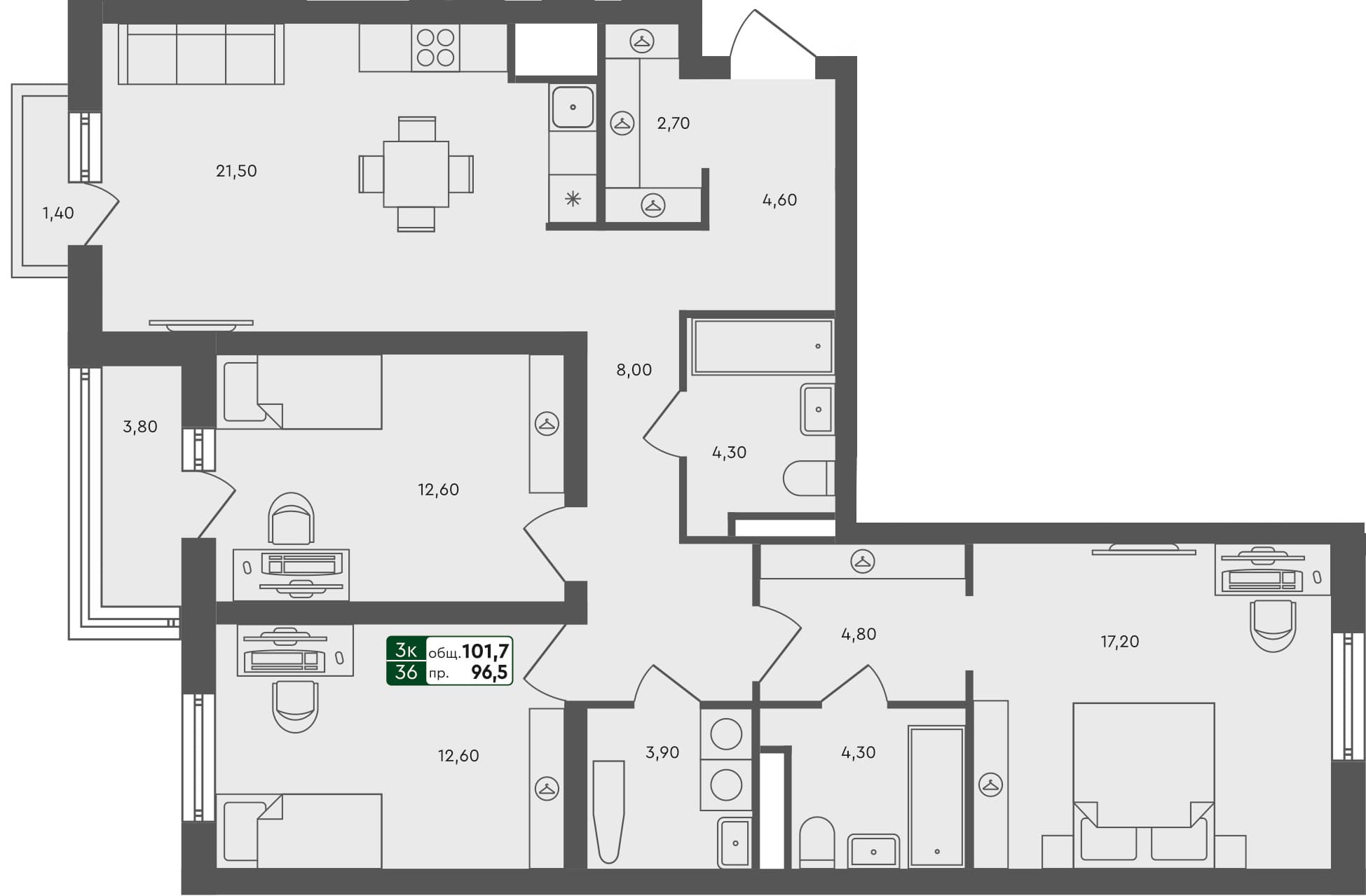 3-комн. квартира, 101.7 м², 4 из 6 этаж квартира